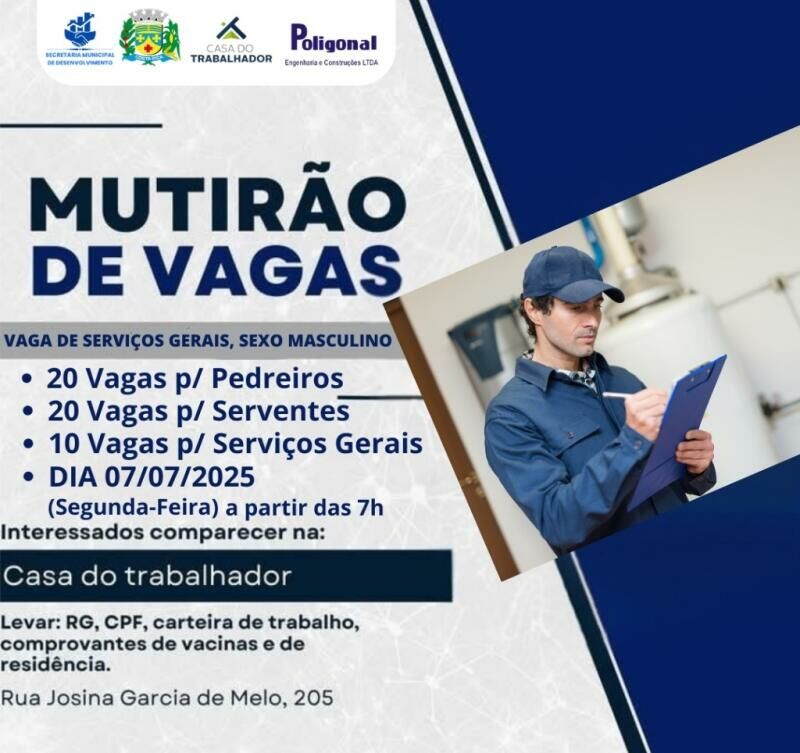 Imagem de compartilhamento para o artigo Casa do Trabalhador realiza mutirão com 50 vagas de emprego na construção civil em Costa Rica da MS Todo dia